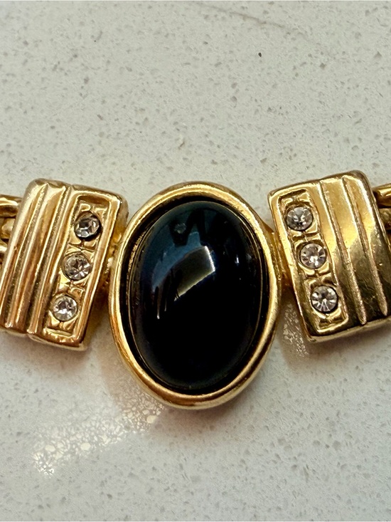 Jewelry - Vtg. 80’s Panther Link Choker Necklace Gold Tone Black Cabachon Rhinestone 18”